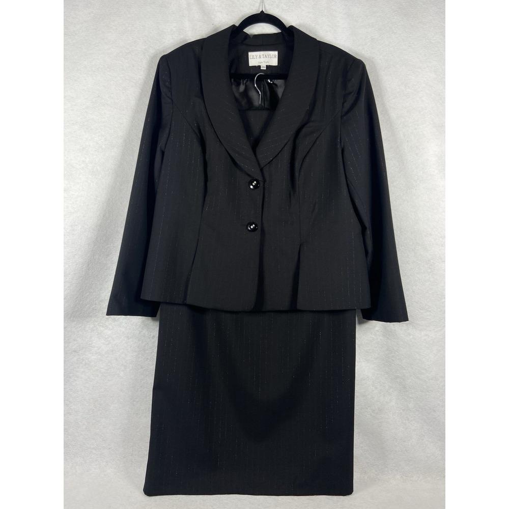 Lily & Taylor 2PC Skirt Suit Womens 20 Black Blazer Buttons 100% Wool Pinstripes